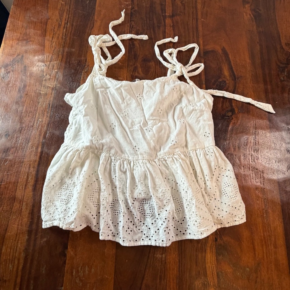 Madewell White Eyelet Tiered Cami Top Tie Straps Smocked Back Linen Blend Large